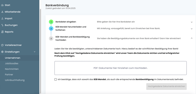 Cockpit>>Einstellungen>>Unternehmen>>SEPAuAbrechnung>>B2BUpload